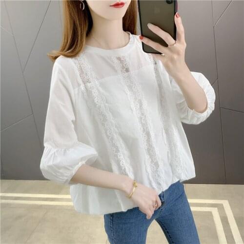 2021 20328 (room 4, Row 2, Top 5) Real Shot Round Neck Short Sleeve Lace Pullover Chiffon Shirt 35
