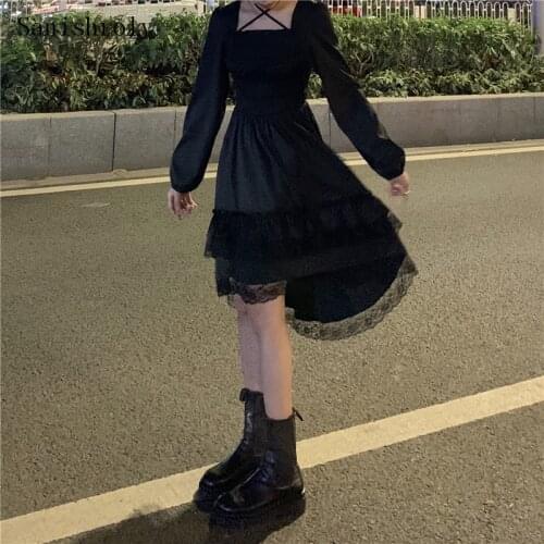 2021 New Chic Diablo Women Black Gothic Lolita Dress Fairy Cross Square Collar Irregular Lace Dress Cute Maiden Ruffles Dresses