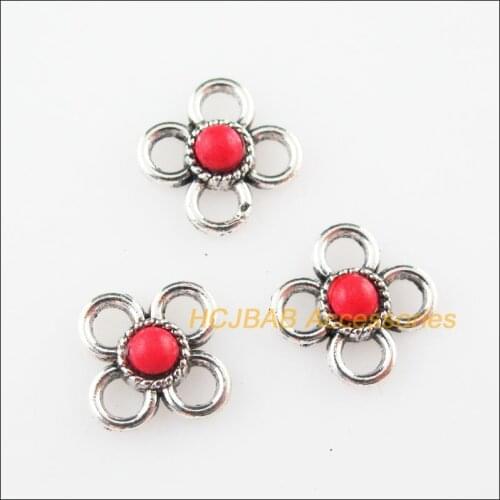 30Pcs Retro Tibetan Silver Tiny Flower Red Stone Charms Connectors 9.5mm