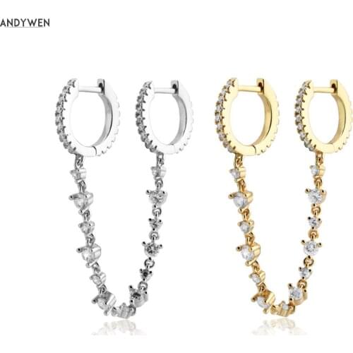 ANDYWEN 925 Sterling Silver Clear Zircon Chain Huggies 2020 Two Circle Hoops Safety Round Rock Punk Jewelry For European Jewels