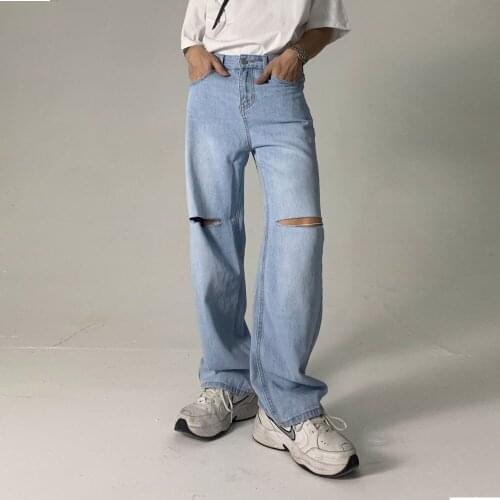 Mens Korean Style Distressed Hole Straight Washed Jeans Trousers Male Harajuku Streetwear Vintage Hip Hop Denim Pant Jeans Male