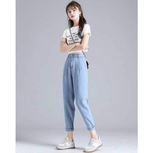Tencel Jeans Womens Pants High Waist Thin Loose Straight Tube Summer Thin Nine Cent Summer Ice Daddy Harem Pants