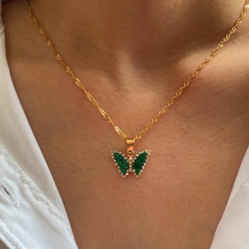 JJFOUCS New Shining Acrylic Crystal Butterfly Pendant Necklace For Women Gold Silver Color Twisted Chain Necklace Jewelry Gift