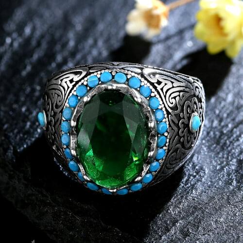 Retro 925 Silver Ring Oval Zircon Ring Green Emerald Gemstone Jewelry Male Thai Silver Turkish Jewelry Gifts Rings for Women Men