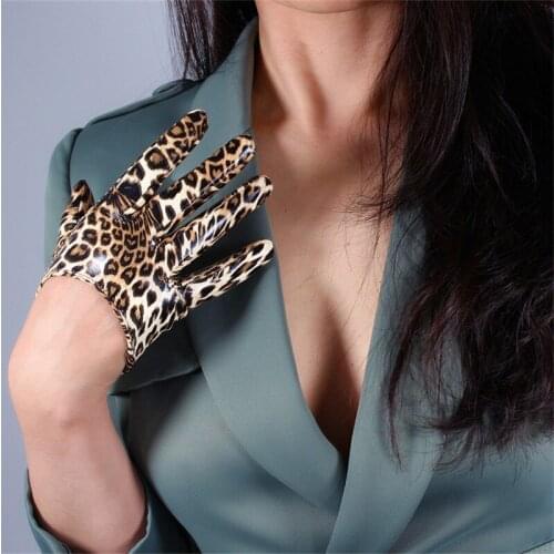 Leopard Leather Gloves 13cm Patent Leather Ultra Short Emulation Leather PU Bright Brown Leopard Animal Pattern Female PU28