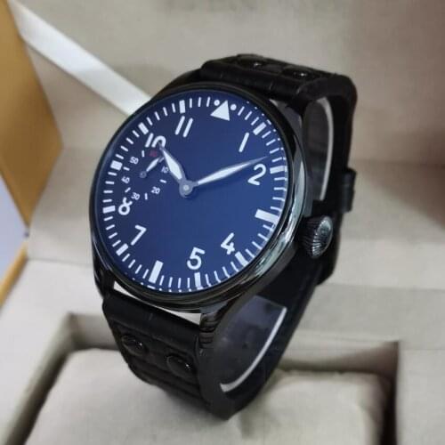 44mm black case Pilot not have logo Mechanical Hand Wind Mens Watch Black dial st3600-2 movement Black riveted watch strap