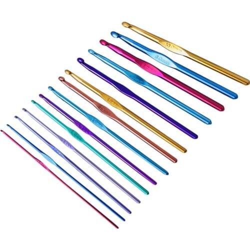 14pcs Metal Handle Crochet Hook Knitting Needles Set Crocheting Needle Tool Aluminum Colored Crochet Sweater Knitting DIY Crafts