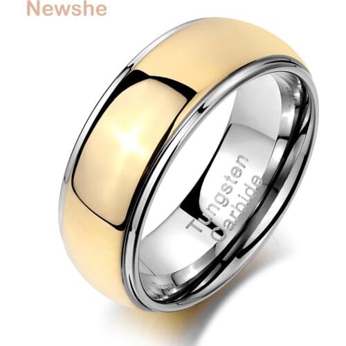 Newshe Mens Tungsten Carbide Smooth Ring Golden Color 8mm Band For Men Fashionable Wedding Jewelry Size 9-12 TRX056