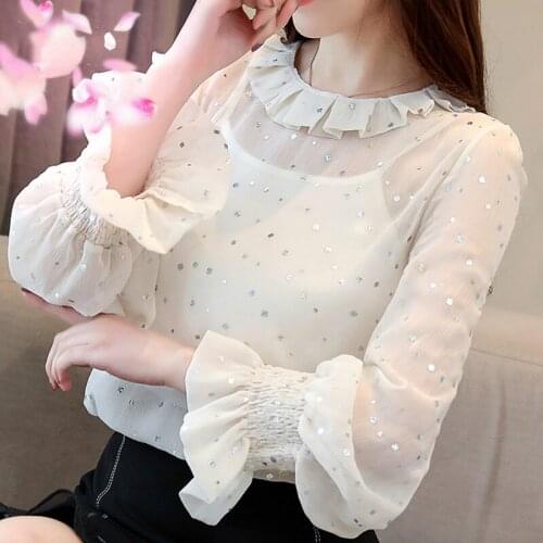 2019 autumn new Korean version of the wooden ear jacket chiffon shirt sequins printed lanterns sleeves shirt to send sling