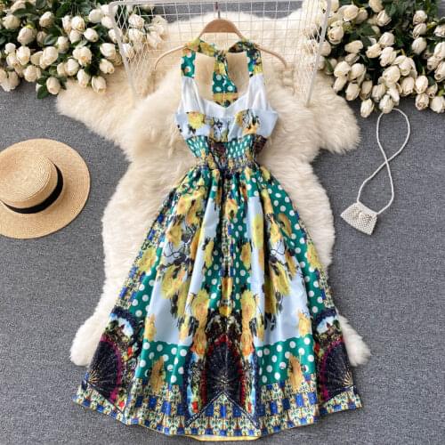 Holiday Bohemian Halter Dress Female Flower Print Sexy Sleeveless Elastic Waist A Line Dress Woman 2021 Summer Beach Dress M7398