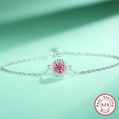 Geoki Luxury Passed Diamond Test Round Perfect Cut 1 Ct Pink Moissanite Bracelet 925 Sterling Silver Colorful Stone Bracelet