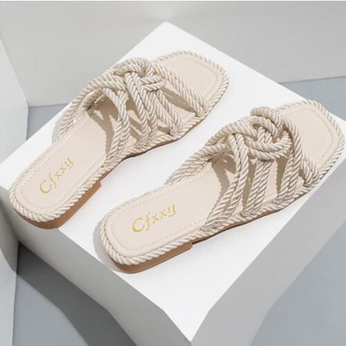 Women Slippers Personality Hemp Rope Upper Design Flat Sandals Women Casual Solid Color Square Toe Hollow Flat Heel Woman Shoes