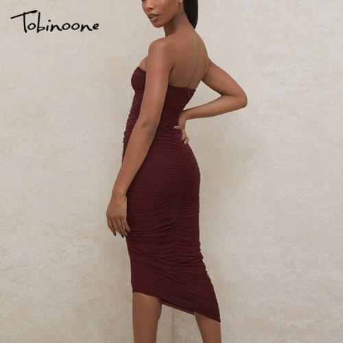 Tobinoone Off Shoulder Mesh Bandage Dress Women Ruched Double Layer Party Club Midi Dresses Female Strapless Draped Summer Dress