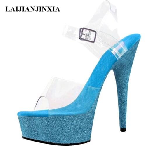 15cm Super High Stripper Heeled Pole Dance Shoes Models Show Flash Powder Sexy Fetish Clubbing 8 Inches Womens Platform Sandals