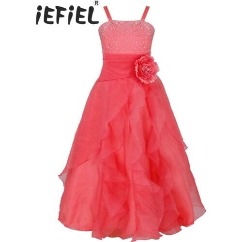 Watermelon Girls Floor Tea Length Embroidered Flower Party Princess Dress Bridesmaid Wedding Children Tutu Dress Size 4-14Y