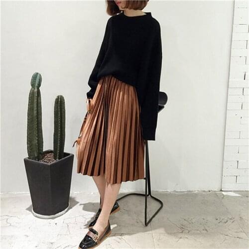 Hot Sale Autumn Winter Women Maxi Skirts Long High Waist Ankle Length Pleated Skirt Metallic Silver Skirts Womens