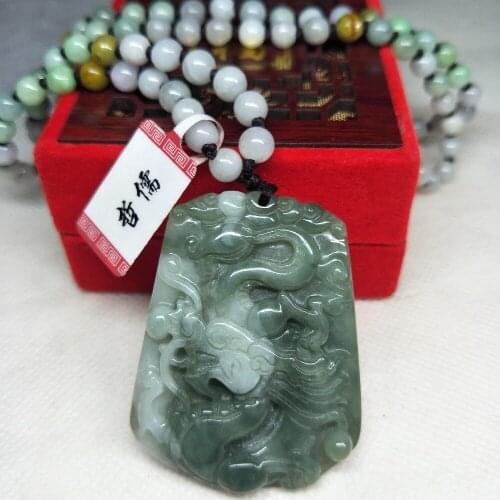 Zhe Ru Jewelry Pure Natural Jadeite Dark Green Bicolor Dragon Pendant Tricolor Jade Bead Necklace Send Class A Certificate