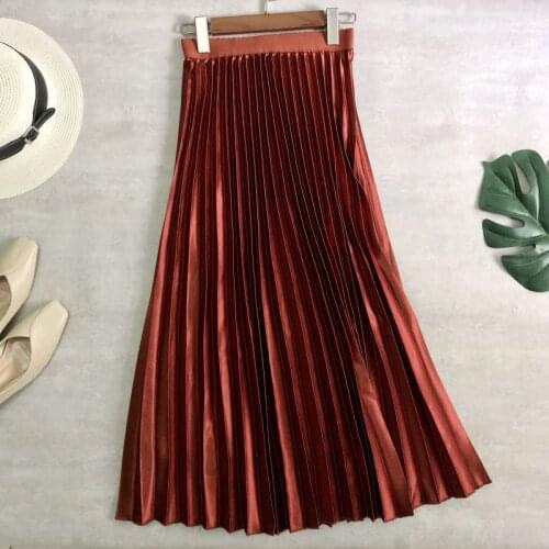 10 Colors Spring Metallic Color Women Maxi Skirt High Waist Pleated Long Skirts Elegant Style Satin Office Lady Midi Skirts