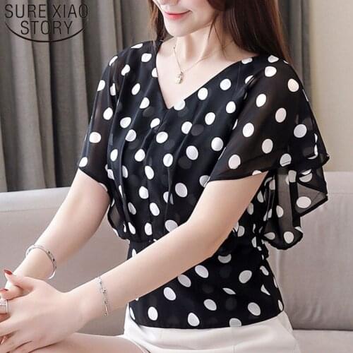 Korean fashion clothing 2021 ladies tops white shirt blouse Short Ruffles Polka Dot V-Neck harajuku chiffon blouse 3097 50