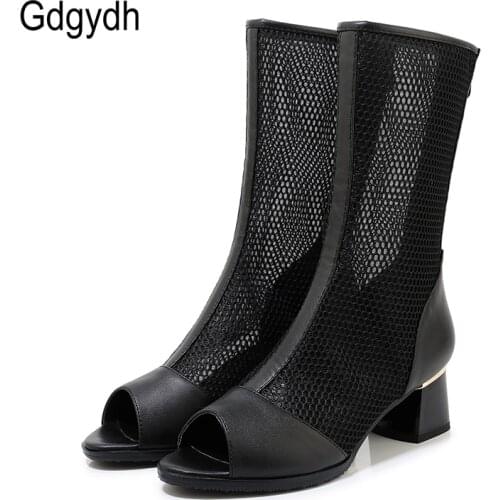 Gdgydh Hollow Out Summer Shoes Women 2020 Mesh Breachable Comfortable Mid Heel Feamle Boots For Summer Zipper Peep Toe Shoes New