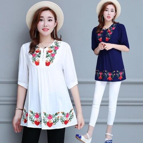 Women Floral Embroidered Mexican Blouse Tops Summer Hippie Boho Chic Cotton Ethnic Blusas Femme Vintage Blouses Plus Size 2021