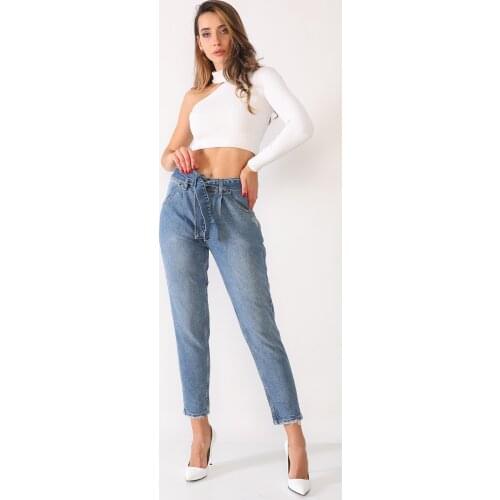 Woman, Mom Jeans, Blue, High Waist, With Belt, Full Length, Cotton Denim Pants, 2021 Spring Summer