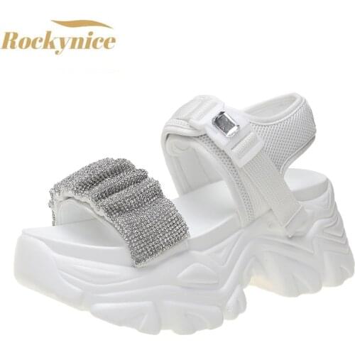 Platform Sandals Women Wedge High Heels Mesh Shoes Woman 2021 Summer Buckle Bling Chunky Sandalias Beach Slippers Zapatos Mujer