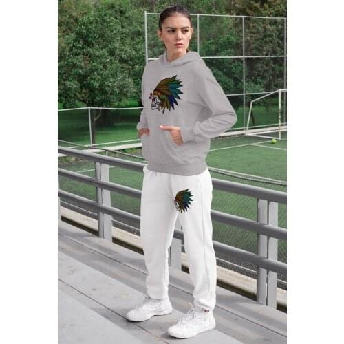Angemiel Wear Feather Indian Crossbones Women Tracksuit Set Gray Hooded Sweatshirt White Sweatpants