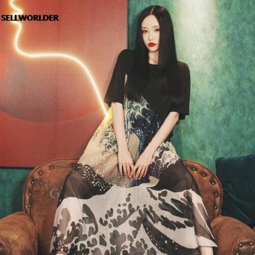 2021 Woman Japanese Kimono Style Cotton Stitching Waves Print O neck Loose Dress