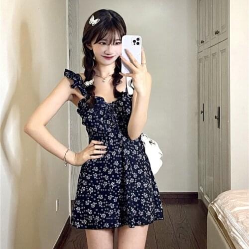 Womens Dress 2021 Summer Sexy Square Neck Floral Print Bohemian Beach Dress Ruffle Short Sleeve A-line Mini Skirt Bag Sun Skirt