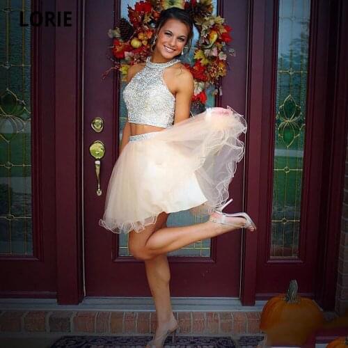 LORIE 2020 Two Pieces Halter Homecoming Dresses Sweet 16 Dresses Beading Crystal Top Tulle Short Party 8th Grade Graduation Prom