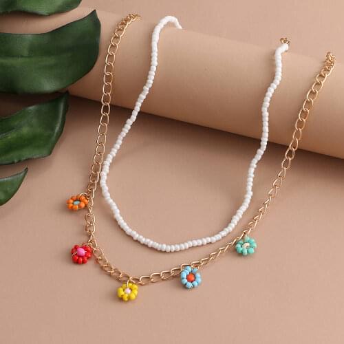 KISS WIFE Boho Multicolor Beaded Necklaces For Women Bohemian Golden Color Metal Chain Handmade Beads Flower Necklace Jewelry