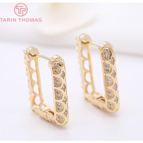 2PCS 22x30MM 24K Gold Color Plated Brass with Zircon Square Earrings Hoop Earring Clip High Quality DIY Jewelry Making Findings