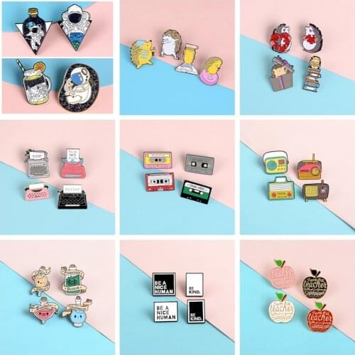 4pcs/set Cartoon Hard Enamel Pins Hedgehog Typewriter Astronaut Tape Radio Metal Brooches Badges Clothes Bags Pins Jewelry Gifts