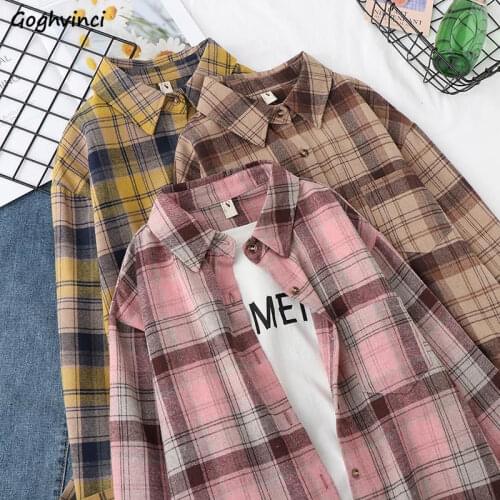Blouses Shirts Women Autumn Plaid Streetwear All-match Vintage Harajuku Students Womens Leisure Loose Chic Fashion Retro Stylish
