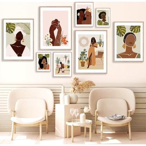 Bohemian Woman Monstera Cat Hand Plant Wall Art Canvas Painting Nordic Posters And Prints Wall Pictures For Living Room Decor