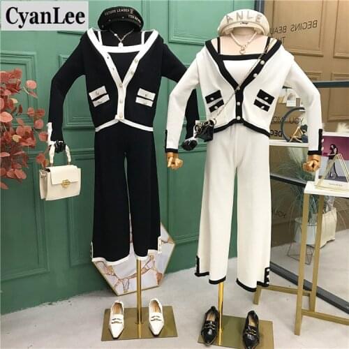 Cyanlee Women Autumn Winter Knitted Jacket Coats+Pants 2 Pieces Sets Long Sleeve Tanks Sweaters Trousers Suits 2020 New