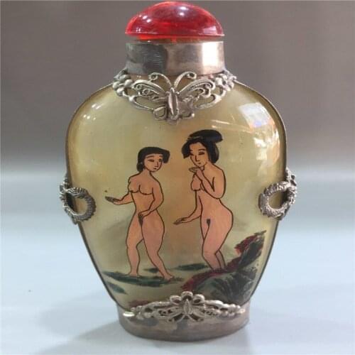 Chinese Tibetan silver mosaic glass built-in painting snuff bottle inside painted Human body Nude painting