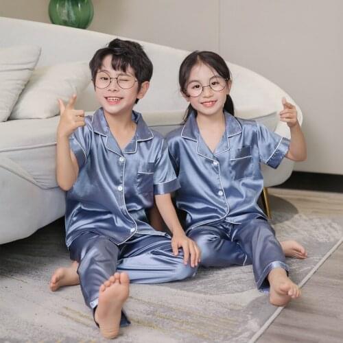 Kids Pajamas Set Short Sleeve Loungewear Silk Baby Girl Pijama Suit Satin Summer Children Nightwear Soild Casual Boys Pyjamas