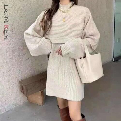 LANMREM 2021 Winter New Female Loose Pullover Sweater And Sleeveless Knitted Dress Two Piece Set Women Fashion 2W677