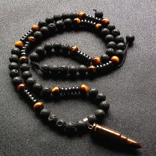 Black BLava Stones Bead with Tiger Eye Bullet Pendant Tribal Necklace For Men