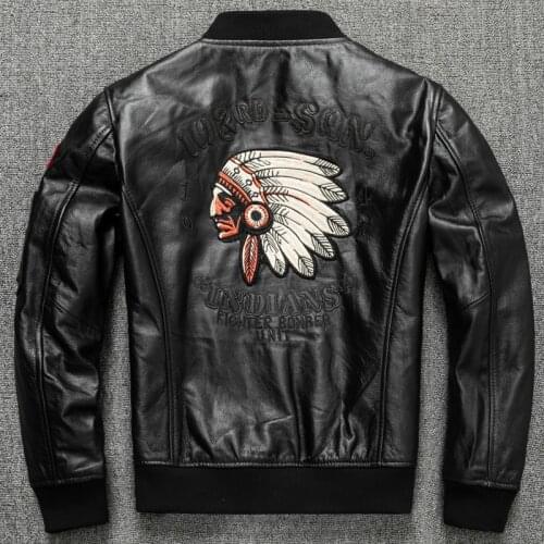 New Fashion Indian Embroidery Baseball Jacket Natural Genuine Leather Coat Mens Cowhide Leather Motorcycle Slim Jackets