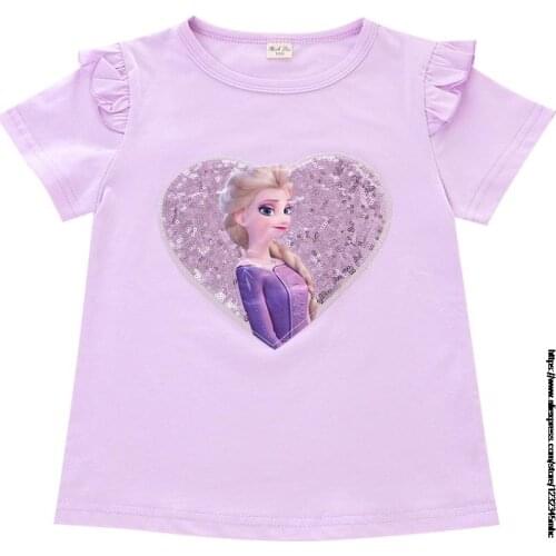 Original Disney T-Shirts Kids Girls Children Cotton Short Sleeves Summer Sequins Clothing Frozen Elsa Print Tee Toddler Shirts