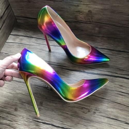 Sexy Gradient Rainbow Color Pointed Toe Pumps Ladies Slip on Celebrity Multi Shiny Leather Stilettos Party High Heels Shoes