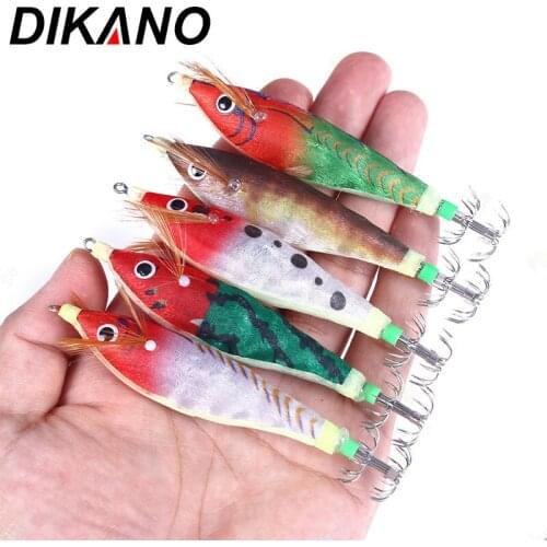 10cm Fishing Lures Squid Octopus Baits Luminous Artificial Wooden Shrimp Round Belly For Sea Fishing Jig Hook Squid Hook