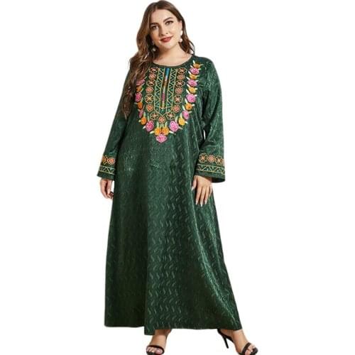 Plus Size Embroidery Abaya Muslim Women Long Sleeve Maxi Robe Ethnic Arab Kaftan Middle East Turkish Dubai Ethnic Islamic Dress