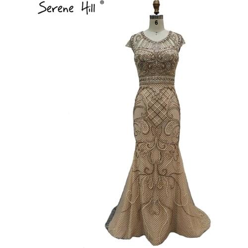 Serene Hill Gold Luxury Caps Sleeves Evening Dresses Gowns 2021 Mermaid Elegant Beading For Women Party LA70851