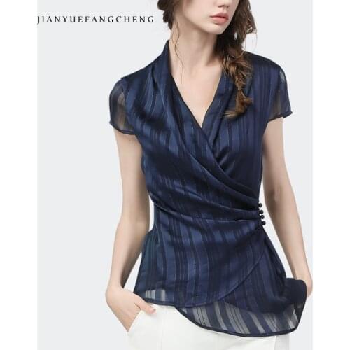 Fashion Bling Blue Stripe Chiffon Blouse Women Short Sleeve Summer Tops Crossed V-Neck Elegant Slim Ladies Casual Office Blouses