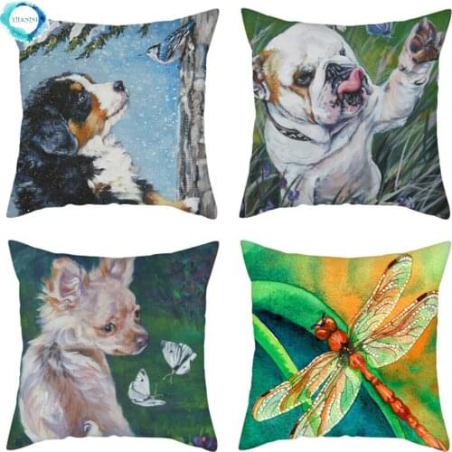 Dogs Flower Dragonfly Printed Cushion Covers Polyester Pillows Covers Decorative for Home Sofa Bedroom Decoration 45X45CM