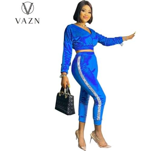 VAZN 2021 Sports Suit Navel-Baring Sexy Casual Fashion V-neck Long Sleeve European and African Womens Dress Large Size
